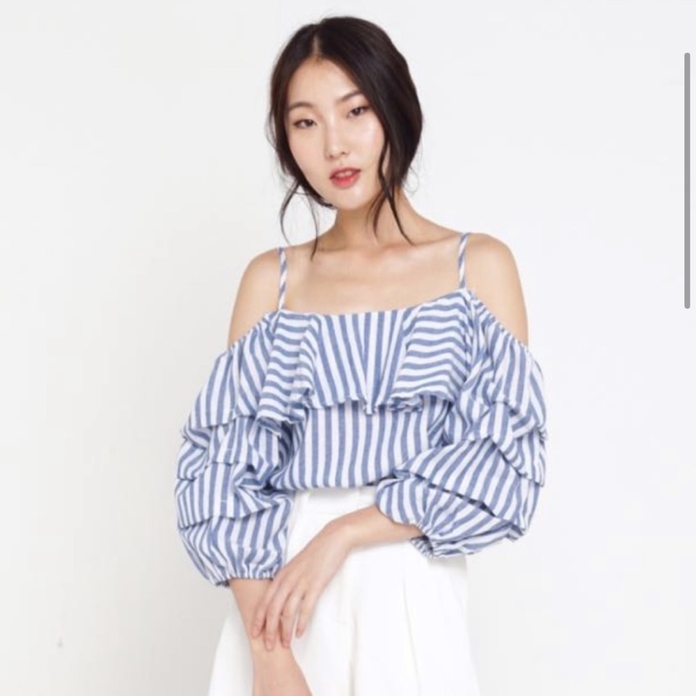 Zara blue white vertical stripe cold shoulder top